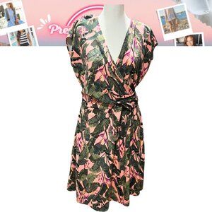 Lands' End Faux Wrap Knee-Length Dress, Green & Pink Tropical Bird of Paradise P